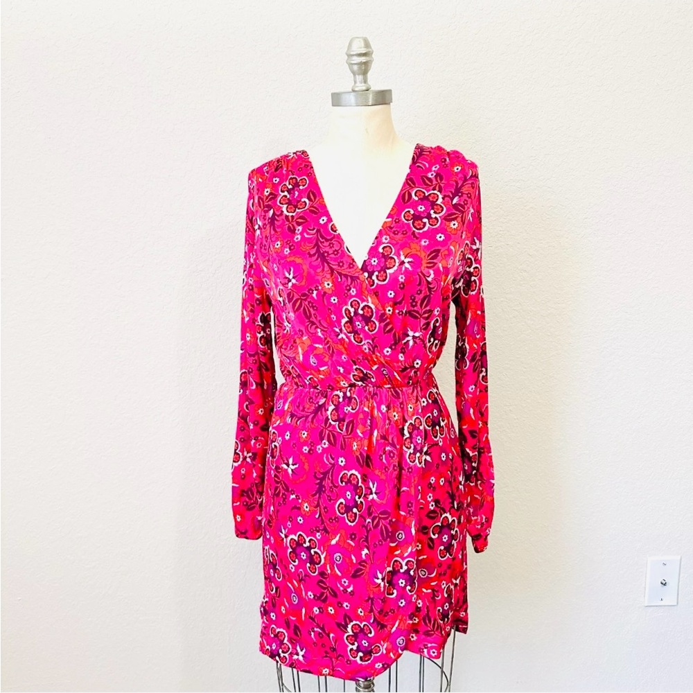 NWT Anthropologie Pink Wrap Dress with Ruffled Bishop Sleeves